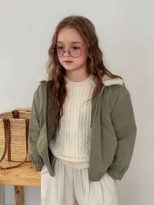 Dazy Kids Turn-Down Collar Contrast Color Thick Autumn/Winter Long Sleeve Cute Girls (Large) Cotton Padded Coat - Army Green - View 4