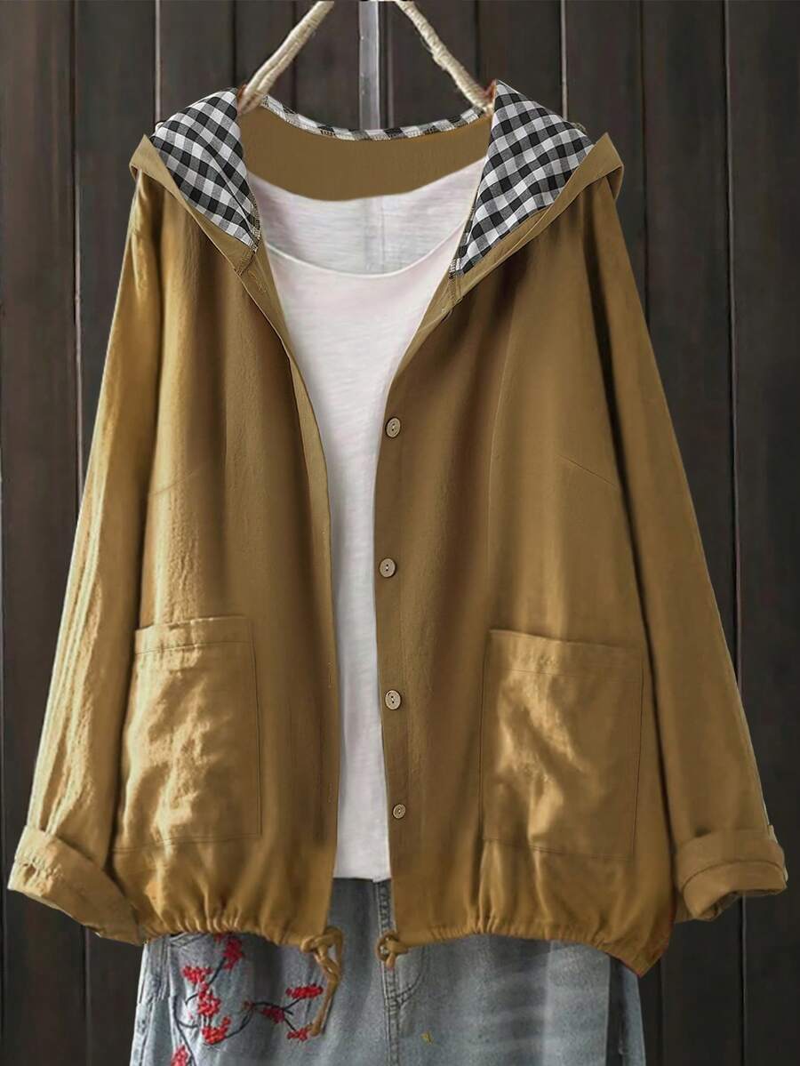 Linhara Women's Plus Size Hooded Hem Cinch Design Jacket, Casual Outdoor Wear, Autumn/Winter - Brown - View 1