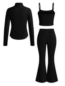 SHEIN 青少年女孩休閒長袖上衣與長褲三件套外套套裝，秋冬款 - 黑色 - 查看 3