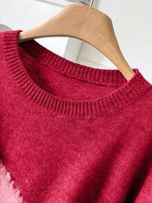 CosyJoli Plus Size Casual Cat Whisker Tassel Color Block Crew Neck Pullover Sweater Autumn Winter Clothes For Women - Red - View 3
