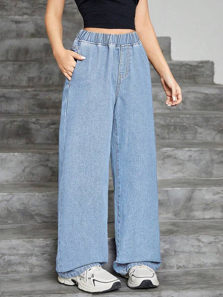 SHEIN Celana Jeans Lurus Longgar Warna Polos Kasual Gaya Streetwear Y2K untuk Remaja Perempuan, Gaya Jalanan Kembali ke Sekolah, Celana Longgar untuk Pesta Perpisahan Prom Musim Panas - Light Wash - View 3