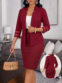SHEIN Lady Setelan Jas Kasual Elegan Wanita Ukuran Besar Warna Polos Lengan Panjang dengan Bukaan Depan, Jaket dan Rok, untuk Kantor, Bisnis, Formal, Warna Merah, Musim Panas - Merah - View 1