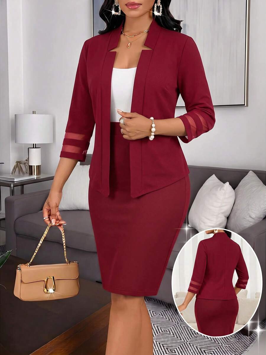 SHEIN Lady Setelan Jas Kasual Elegan Wanita Ukuran Besar Warna Polos Lengan Panjang dengan Bukaan Depan, Jaket dan Rok, untuk Kantor, Bisnis, Formal, Warna Merah, Musim Panas - Merah - View 1
