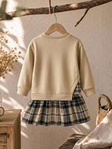 Emery Rose Kids Emery Rose Kids 女童拼接格紋可愛休閒春秋冬季運動衫洋裝 - 卡其色 - 查看 6