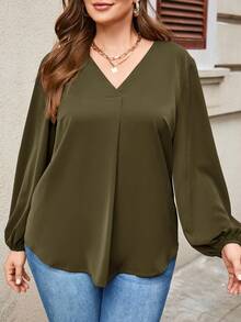 EMERY ROSE Plus Size Women's V-Neck Casual Versatile Daily Wear Blouse - Army Green - View 5