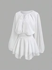 Sweetra Romantic Cute Soft Minimalist Sexy White Chiffon Dress, Round Neck, Drawstring Tie, Loose Lantern Sleeves, Asymmetrical Ruffle, Vacation Autumn - White - View 3