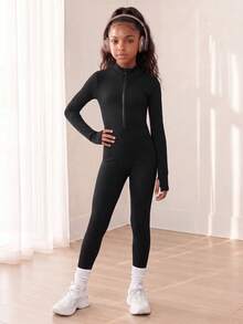 SHEIN Tween Girls Seamless Ribbed Long Sleeve Activewear Jumpsuit Mock Neck Half Zip Thumbhole Athletic Stretchy Tight, Fall Clothes, Halloween, School - Black - View 4