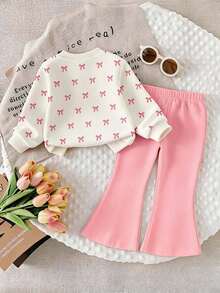 SHEIN Young Girl Bow Print Sweatshirt And Long Pants Set - Multicolor - View 2