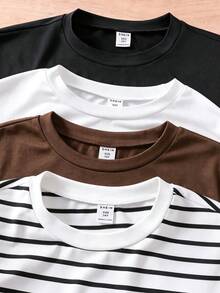 4 pièces/paquet T-shirts à manches longues col ras-du-cou rayés multicolores basiques minimalistes décontractés pour garçons adolescents, convient pour le port seul en automne et la superposition en hiver sous des vêtements d'extérieur ou des gilets - Multicolore - Voir 5
