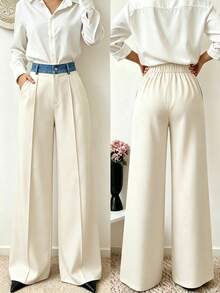 Elenzga Women's Colorblock Pocket Wide Leg Loose Casual Elegant Business Casual Suit Pants Office Off-White Summer - Multicolor - View 7