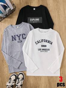 SHEIN 青少年男孩 3件組 T恤多件裝，百搭長袖上衣，開學季秋冬款 - 彩色 - 查看 1