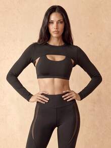 Silquee 1 Peça Top Super Cropped Ajustado de Manga Longa Sólido Esportivo - Preto - Visão 6