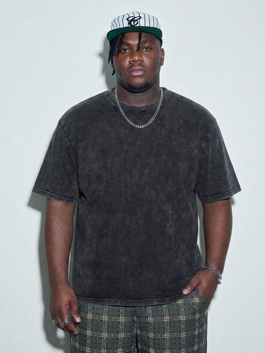 Modcrash Plus Size Men's Casual Washed Round Neck Short Sleeve T-Shirt, Summer - Black - View 1