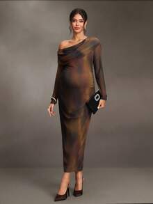 Cheriluna Maternity Gaun Hamil Lengan Panjang Cokelat dengan Bahu Asimetris dan Gradasi Warna, Terbuat dari Kain Jaring Elastis, Cocok untuk Pesta Musim Semi dan Gugur, Pemotretan, Makan Malam Kehamilan, Elegan dan Chic. - MultiWarna - View 4