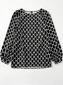 Linhara Women's Plus Size Simple Round Neck Allover Print Raglan Sleeve Top Western Summer Women Boho Fall - Black and White - View 6