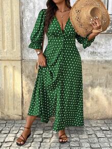 Breezaya Gaun Maxi Kasual Ukuran Besar dengan Kancing Depan Motif Bunga & Polkadot untuk Musim Gugur - Hijau - View 3
