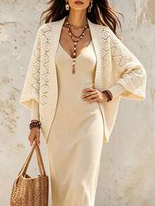 SHEIN Women's All-Match Minimalist Fashion Versatile Commute Batwing Sleeve Elegant Knit Cardigan - Camel - View 3