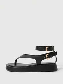 HighSole صنادل نسائية مريحة وكاجوال بنعل منصة وحزام وأصبع مربع، صيفية للاستخدام اليومي والتنقل، بتصميم بسيط بلون جملي، مناسبة للقدم الضيقة - أسود بو - مشاهدة 1