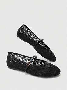 CUCCOO BIZCHIC 女款花卉刺繡網布平底鞋，透氣可調節扣環設計，休閒舒適，適合日常通勤的多功能鞋款 - 黑色2 - 查看 3