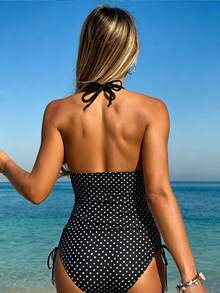 Sunnyshic Beach Party Outfits For Woman Vacation Solid Color Knitted Textured Spot Beaded Drawstring Spaghetti Strap Bikini Top Black And White Polka Dot Summer - Black - View 2