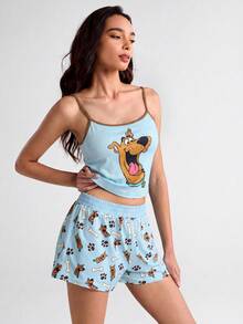SCOOBY-DOO X SHEIN 女款卡通印花細肩帶上衣與鬆緊腰短褲睡衣套裝 - 藍色 - 查看 5