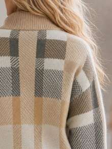 Balvessa Cardigan Rajut Jacquard Kotak-kotak Vintage dengan Resleting untuk Wanita, Kerah Setengah Tinggi, Panjang Sedang, Sweater Musim Gugur/Musim Dingin - MultiWarna - View 6