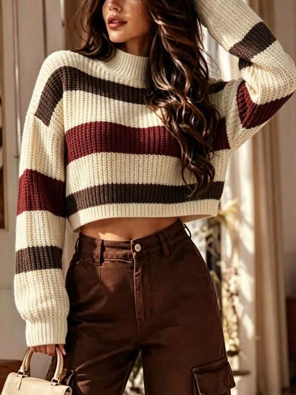 SHEIN PariChic Women's Colorblock Casual Retro Vintage 70s Versatile Daily Wear Long Sleeve Sweater Brunch Blue And White Striped Autumn