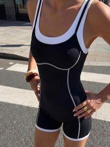Pariaura Women's Black And White Color-Block Sleeveless Athleisure Jumpsuit,2-In-1 Casual Jumpsuit - Multicolor - View 5
