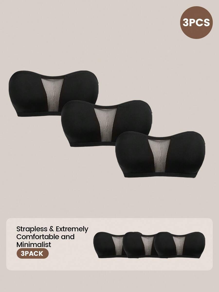Barelissa 3pcs Bra Tanpa Tali Warna Hitam dengan Motif Jala dan Patchwork untuk Wanita - Hitam - View 1