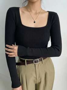 DAZY Sweater Pullover Wanita Lengan Panjang Kerah Persegi Warna Polos untuk Bisnis Kasual - Hitam - View 4
