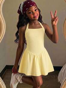 SHEIN 少女時尚度假洋裝，獨特假日風，可愛優雅，適合春夏秋 - 黃色 - 查看 3