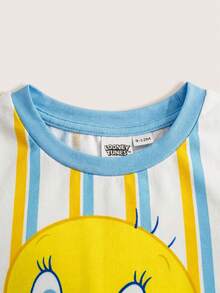 LOONEY TUNES X SHEIN Baby Boy Cartoon Pattern Letter Print Cute Striped Crew Neck Short Sleeve Romper - Blue - View 3