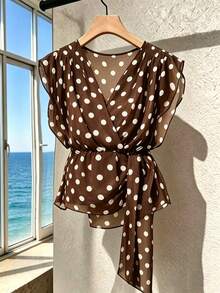 Juhart Plus Size V-Neck Sleeveless Polka Dot Front Tie Blouse - Coffee Brown - View 3
