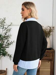 EMERY ROSE Women's 2 In 1 Patchwork Casual Preppy Versatile Daily Wear Long Sleeve Sweatshirt Blue And White Stripe Autumn Teachers' Day Office School - Black - View 2