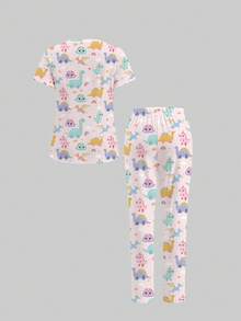 TaskEZ 2 Pieces Scrub Uniform Set With Cute Dinosaur Print, Suitable For Work Commute And Pet Hospital - Multicolor - View 2