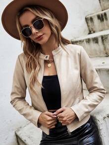 SHEIN Clasi Zip Through PU Leather Jacket In Fall/Winter - Apricot - View 4