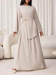 Veilorie Women's Solid Color Round Neck Long Sleeve Shirt And Skirt Casual 2-Piece Set - Grey - View 6