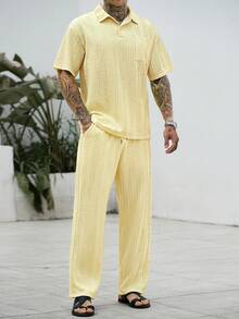 Manfinity CasualCool 男士 Polo 衫與長褲成熟休閒時尚套裝 - 黃色 - 查看 5
