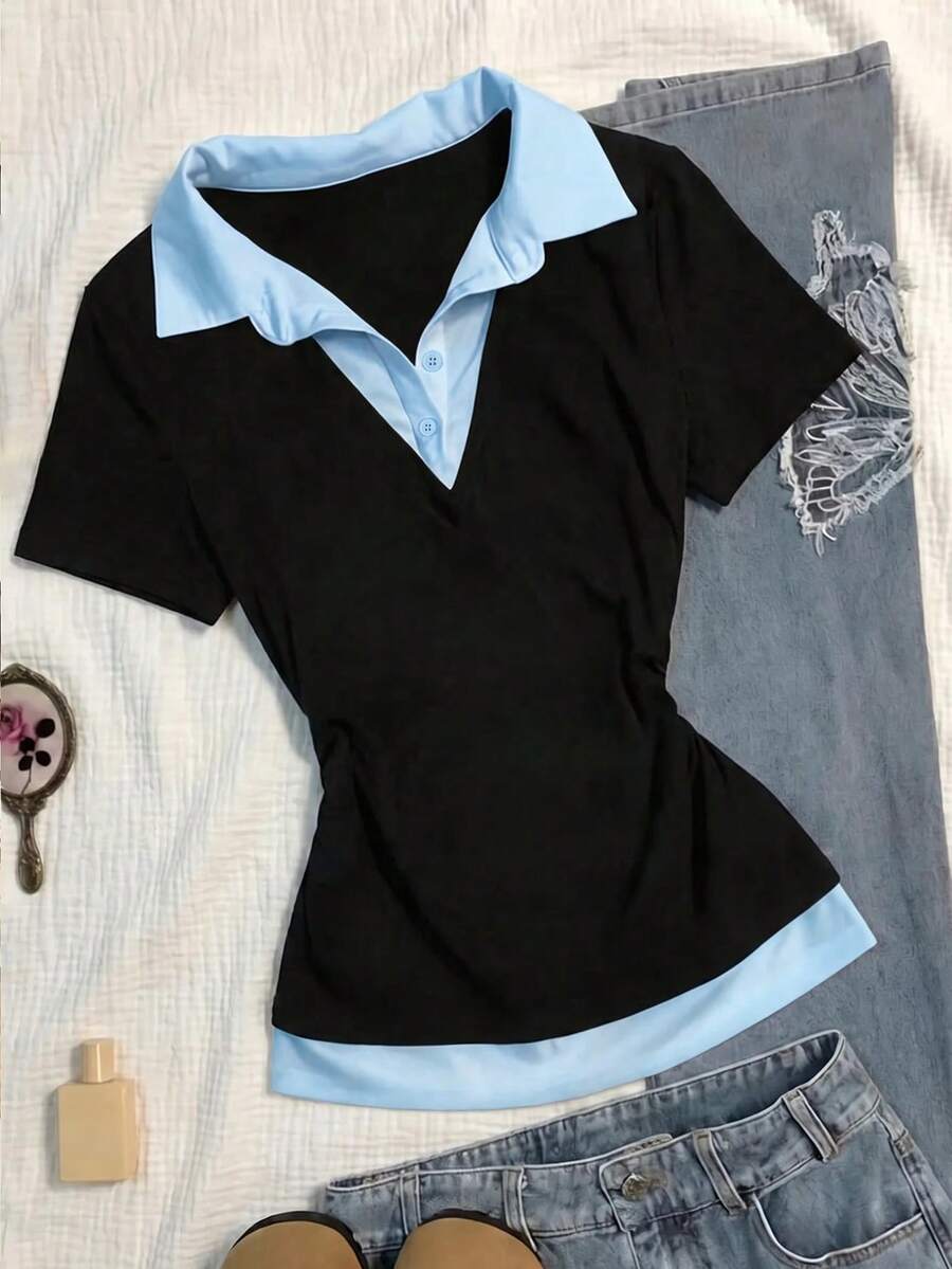 兒童青少年女孩夏季新款黑白配色拼接 2 合 1 拼接 Polo 領短袖 T 恤,休閒學院風 - 黑色 - 查看 1