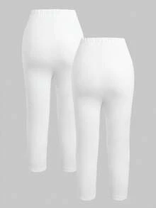 Tween Girl Casual Versatile Solid Color Leggings 2pcs/Pack - White - View 2
