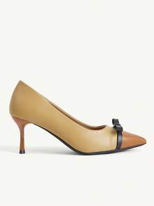 CUCCOO CHICEST Women's New Camel Brown Colorblock Pointed Toe Bow Low Cut Stiletto High Heels PU Leather Fashion Elegant Wedding Party Fall Shoes - camel brown - View 8