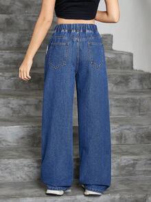 SHEIN Celana Jeans Lurus Longgar Polos untuk Remaja Perempuan, Gaya Jalanan Y2K untuk Kembali ke Sekolah dan Liburan Musim Panas - Medium Wash - View 2