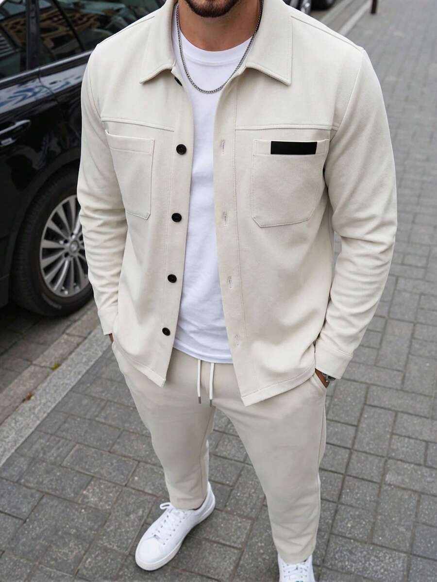 Manfinity Homme 男士純色長袖單排扣工作口袋襯衫與長褲休閒套裝 - 杏色 - 查看 1