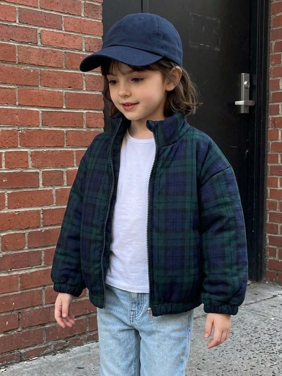 Hapijoa Young Girls Loose Basic Fluffy Thick Padded Coat With Stand Collar And Plaid Pattern, Long Sleeve, Autumn/Winter - Blue - View 1