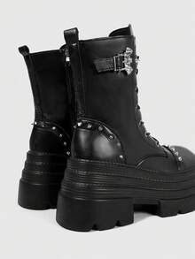 ROMWE Grunge Punk Women Heeled Sandals Dark PU Punk Rivet Thick-Soled Riding Boots Women Small Goth Mid-Tube Locomotive Booties Comic-Con - Black - View 4