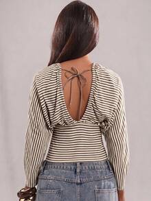 SHEIN BAE 女款深V領條紋拼接休閒日常上衣 - 咖啡棕 - 查看 4