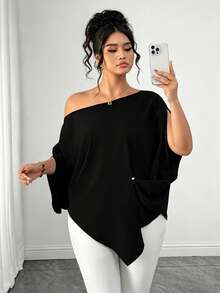 Elenzga Plus Size Solid Color Asymmetric Hem Loose Fit Blouse - Black - View 4