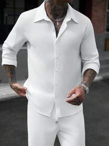 Manfinity Homme Men's Solid Color Long Sleeve Single-Breasted Shirt And Pants Casual Set - White - View 5