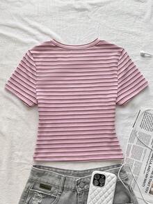 SHEIN 青少年女孩休閒日常百搭舒適圓領短袖側抓褶T恤 - 粉色 - 查看 5