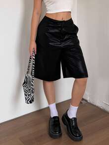 DAZY Women's High Waist Black PU Leather Shorts, Loose Casual Streetwear Commuter Office Pants, Autumn - Black - View 7
